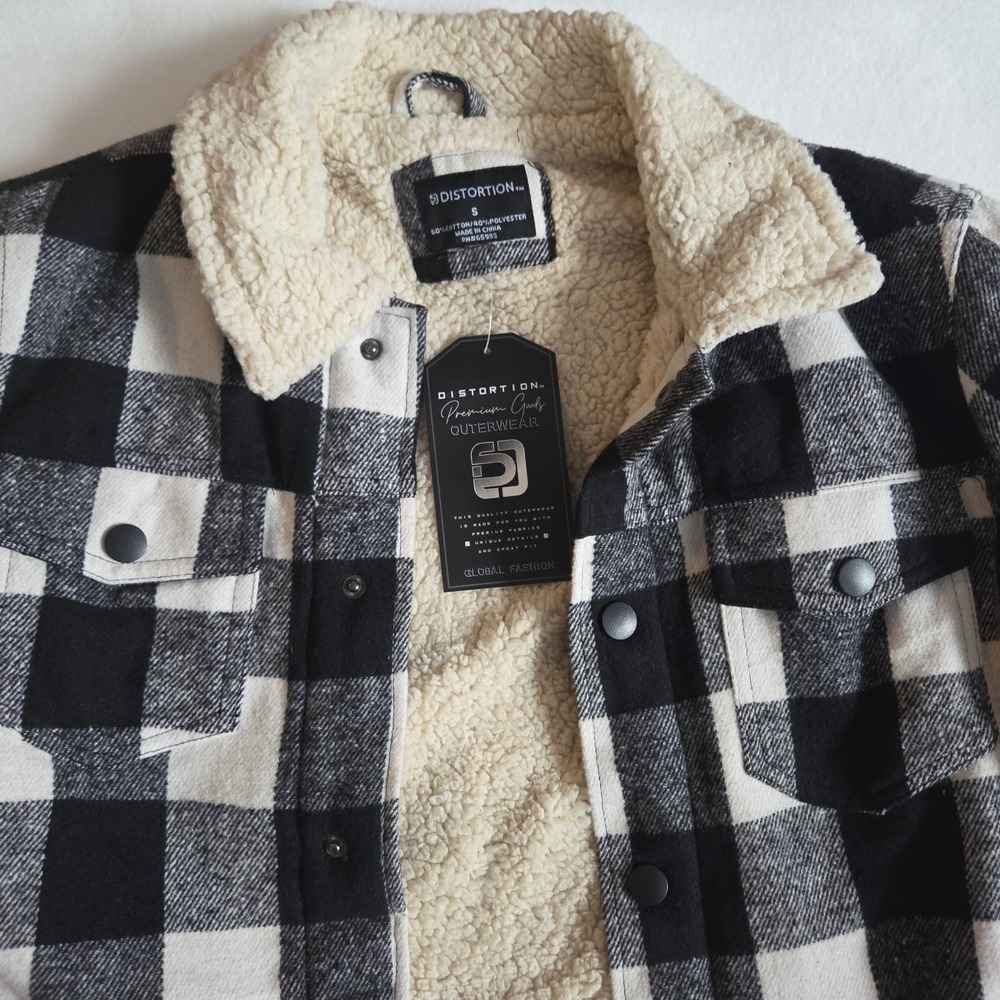 Distortion Black White Buffalo Plaid Sherpa Lined Trucker Jacket Small NWT - Picture 2 of 8